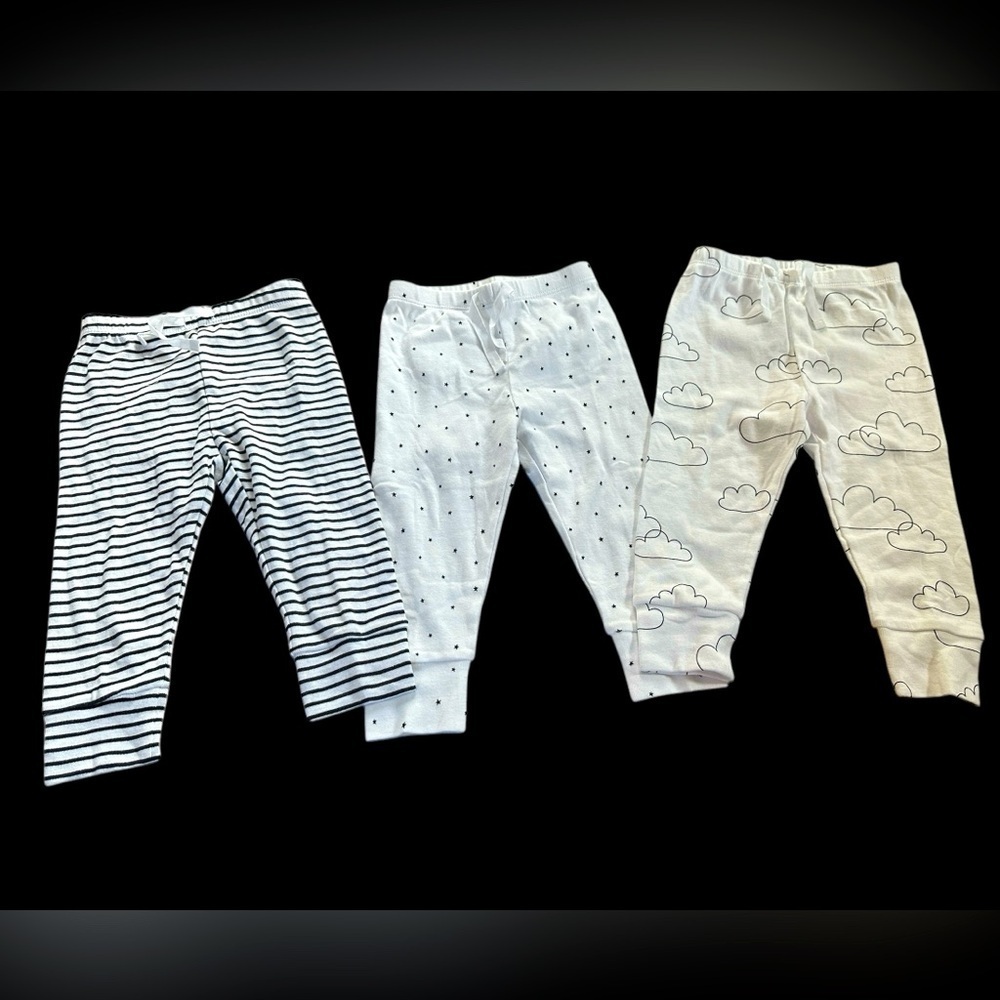 3 pack of Gap cotton pants, front tie, all new, 2 white, 1 navy stripe, 12-18 M